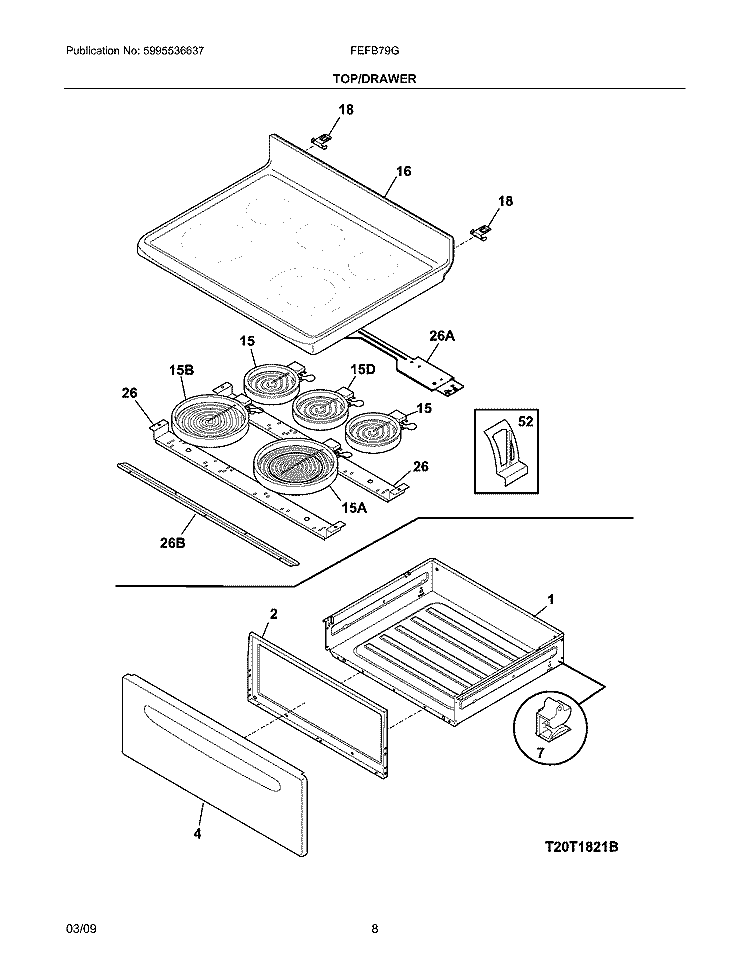 TOP/DRAWER Diagram and Parts List for FEFB79GSB  Frigidaire Range