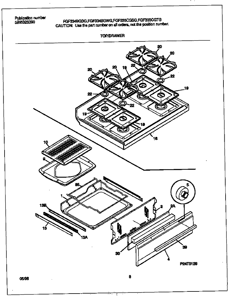 TOP / DRAWER Diagram and Parts List for FGF334BGDG  Frigidaire Range