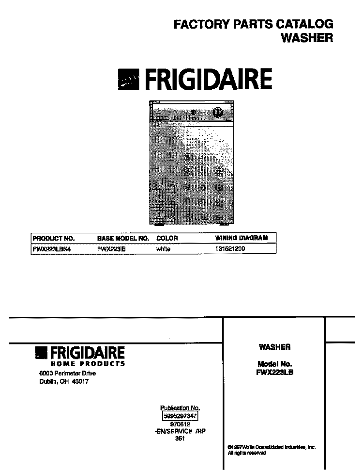 COVER Diagram and Parts List for FWX223LBS4  Frigidaire Washer