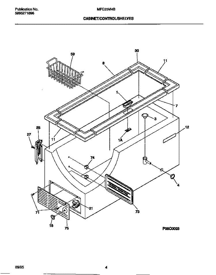 CABINET / CONTROL / SHELVES Diagram and Parts List for MFC20M4BW5  Frigidaire Freezer