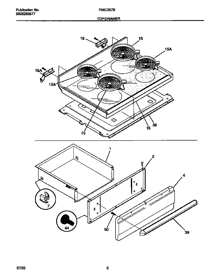 TOP / DRAWER Diagram and Parts List for F04B357BDB  Frigidaire Range