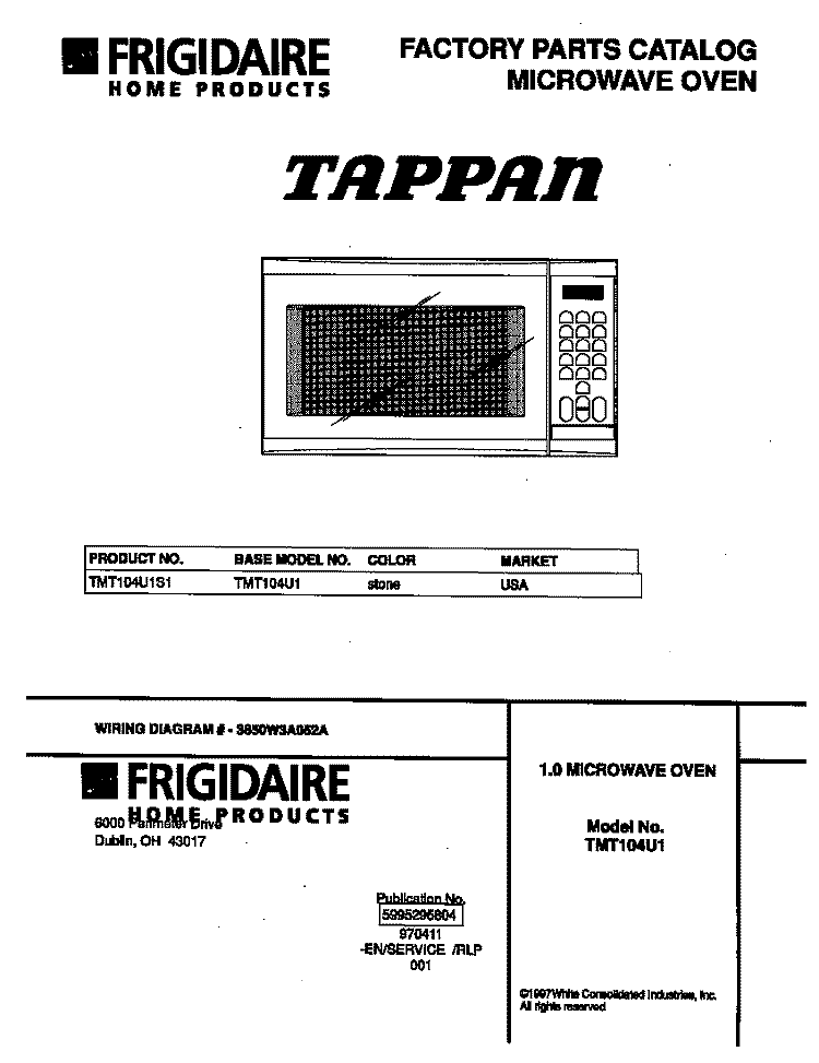 COVER Diagram and Parts List for TMT104U1S1  Tappan Microwave