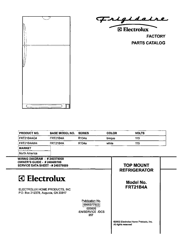 COVER Diagram and Parts List for FRT21B4AQ4  Frigidaire Refrigerator