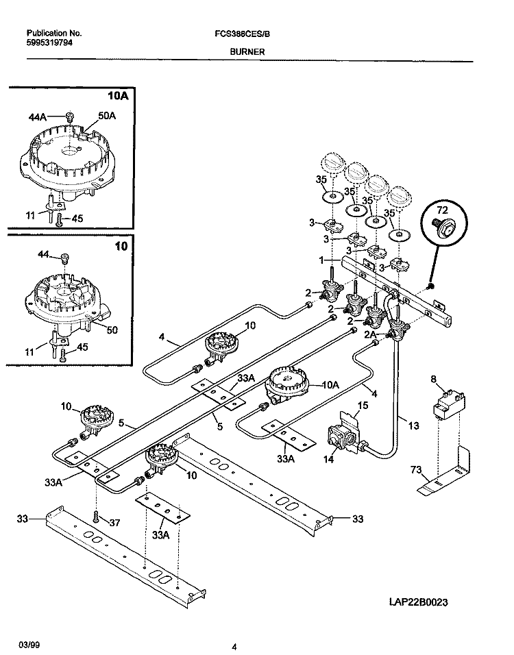 BURNER Diagram and Parts List for FCS388CESF  Frigidaire Range