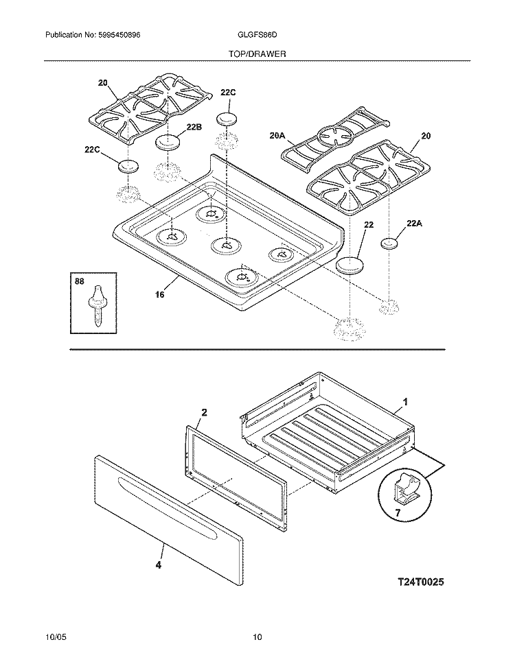 TOP / DRAWER Diagram and Parts List for GLGFS86DQE  Frigidaire Range