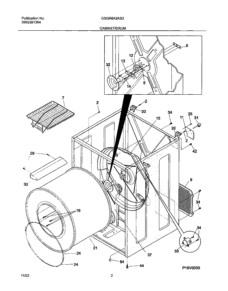 CABINET / DRUM Diagram and Parts List for GSGR642AS3  Frigidaire Dryer