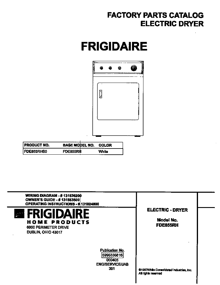 COVER Diagram and Parts List for FDE855RHS0  Frigidaire Dryer