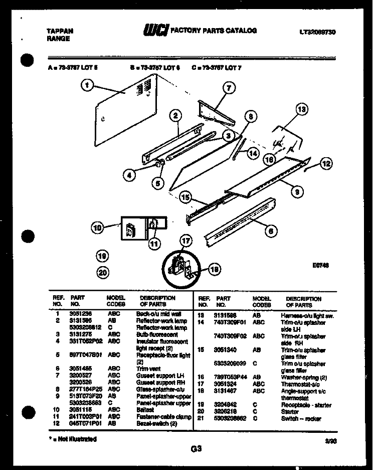 SPLASHER CONTROL Diagram and Parts List for 73-3757-00-07  Tappan Range