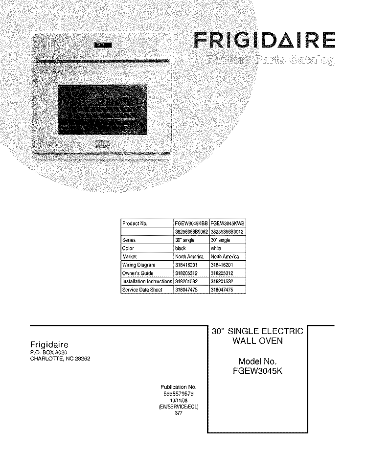 COVER Diagram and Parts List for FGEW3045KBB  Frigidaire Wall Oven