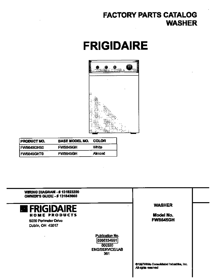 COVER Diagram and Parts List for FWS645GHT0  Frigidaire Washer