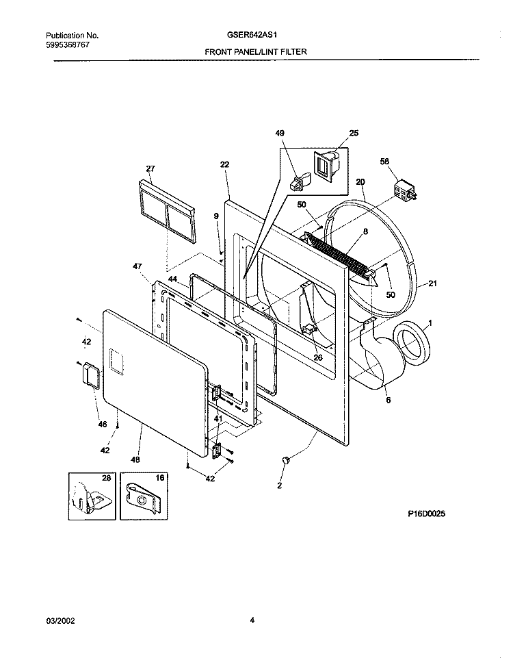 FRNT PNL, DOOR Diagram and Parts List for GSER642AS1  Frigidaire Dryer