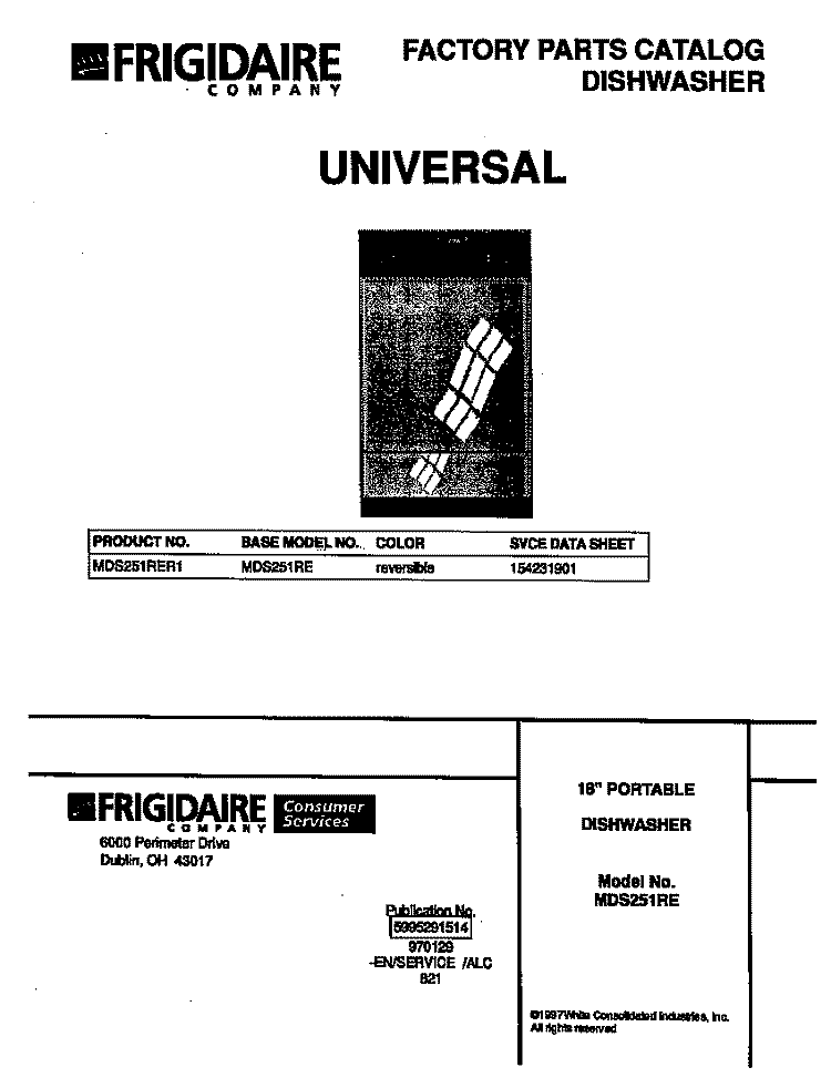 COVER Diagram and Parts List for MDS251RER1  Frigidaire Dishwasher