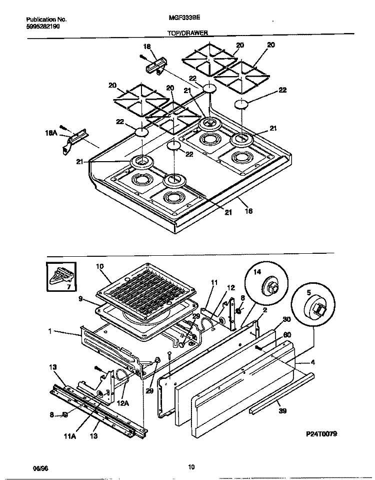 TOP / DRAWER Diagram and Parts List for MGF333BEWA  Frigidaire Range