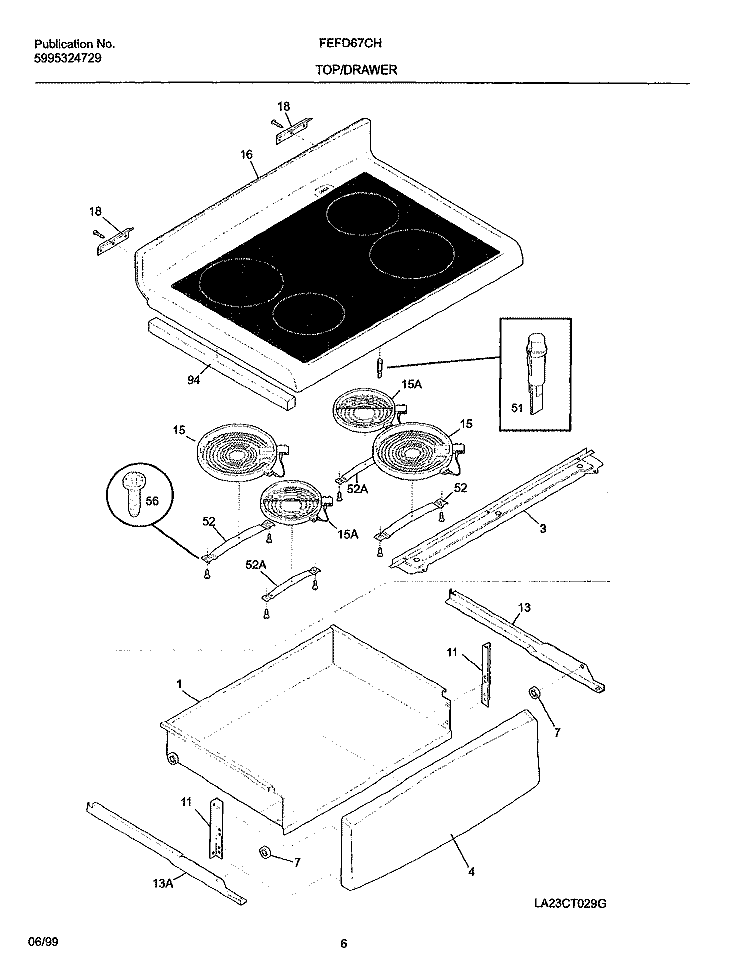 TOP / DRAWER Diagram and Parts List for FEFD67CHBA  Frigidaire Range