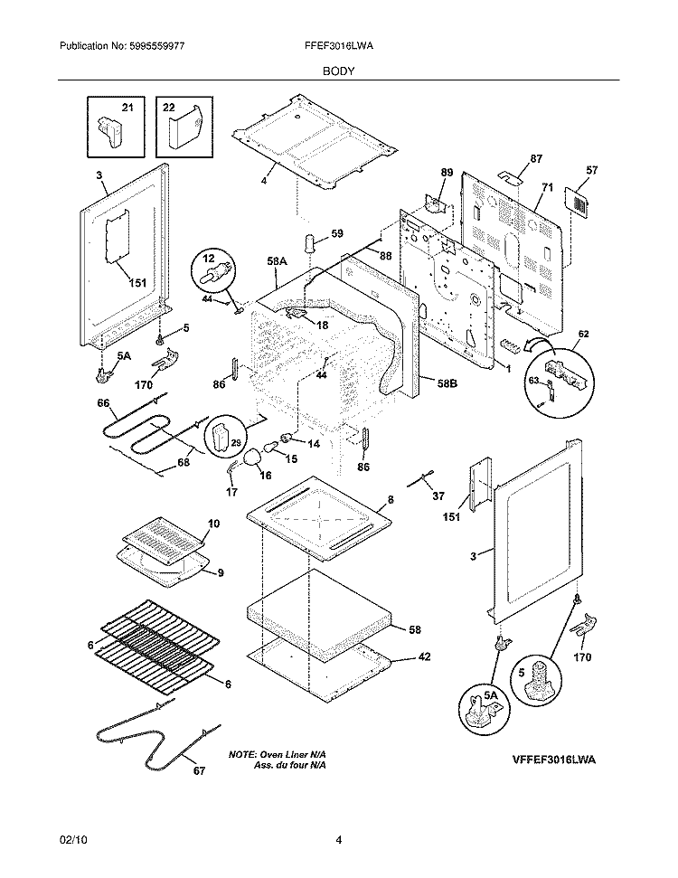 BODY Diagram and Parts List for FFEF3016LWA  Frigidaire Range