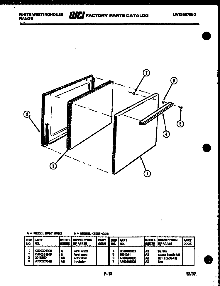DOOR PARTS Diagram and Parts List for KF201HDD2  Frigidaire Range