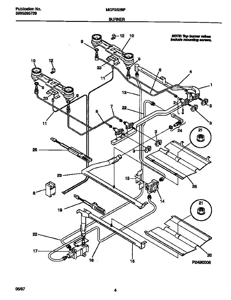 BURNER Diagram and Parts List for MGF352BFWA  Frigidaire Range