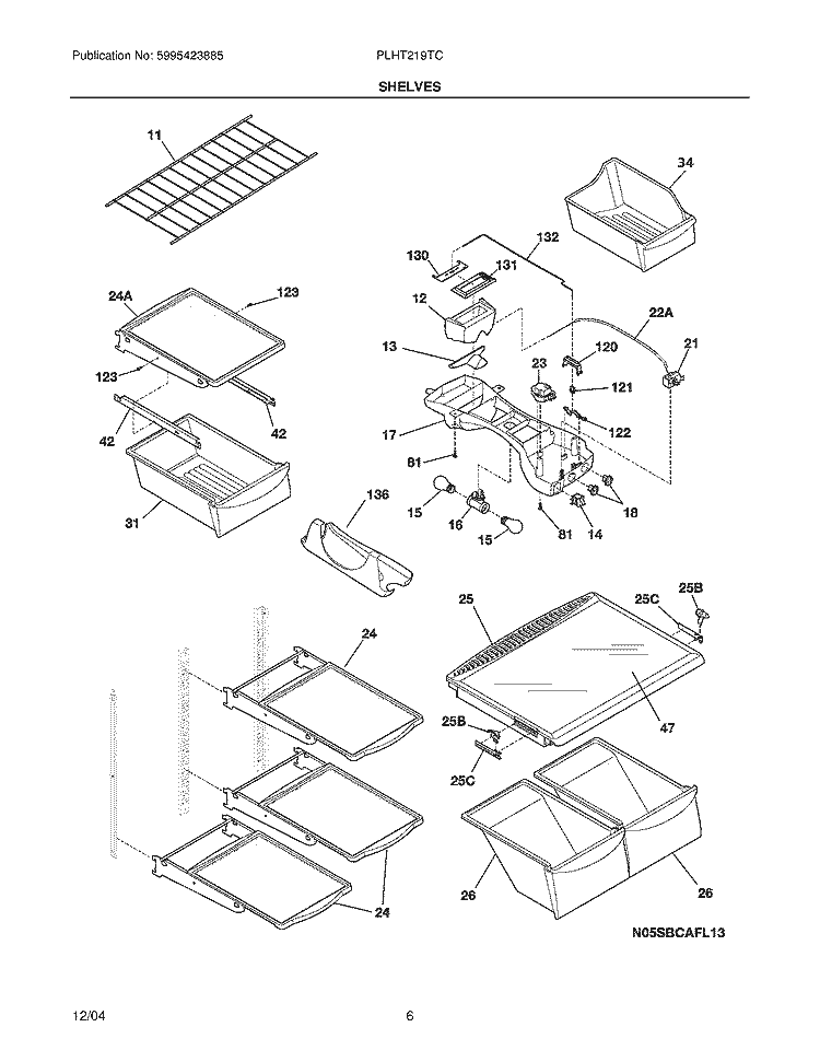 SHELVES Diagram and Parts List for PLHT219TCB7  Frigidaire Refrigerator