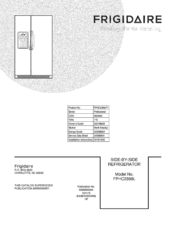 COVER Diagram and Parts List for FPHC2398LF1  Frigidaire Refrigerator
