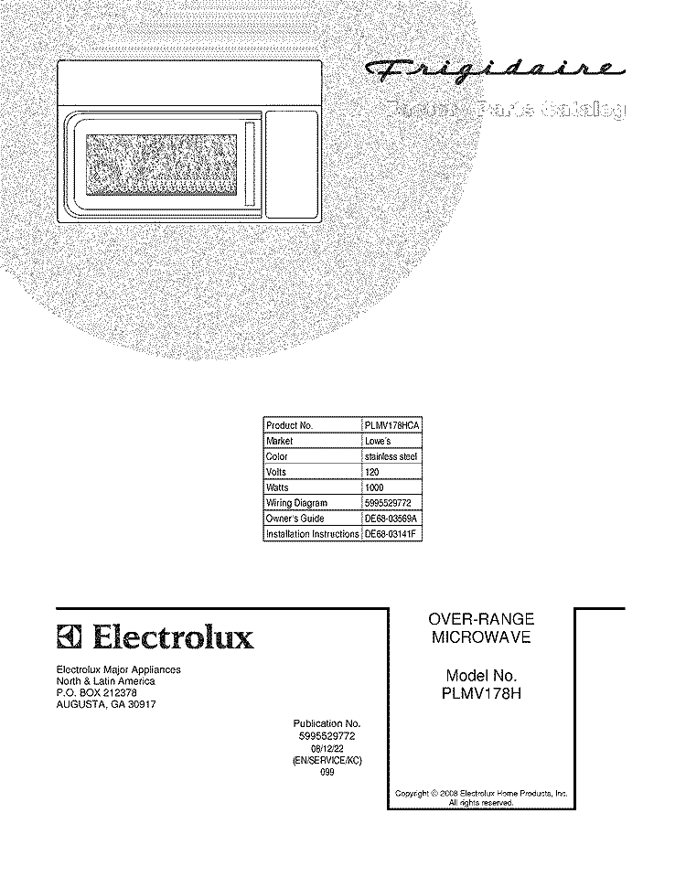 COVER Diagram and Parts List for PLMV178HCA  Frigidaire Microwave