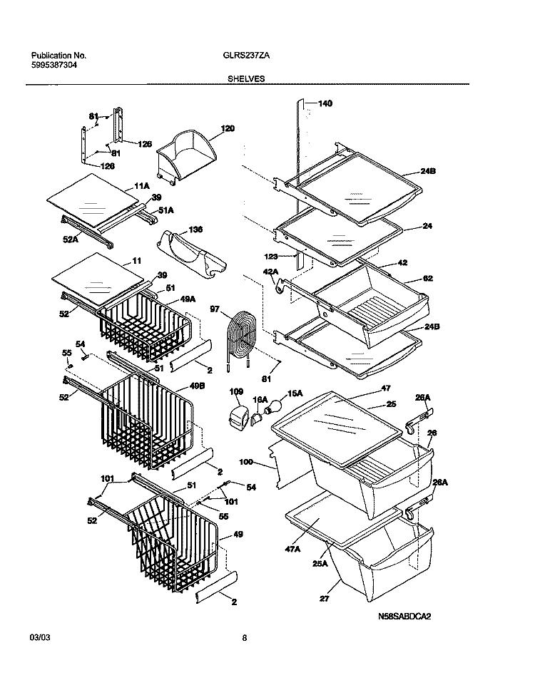 SHELVES Diagram and Parts List for GLRS237ZAW7  Frigidaire Refrigerator