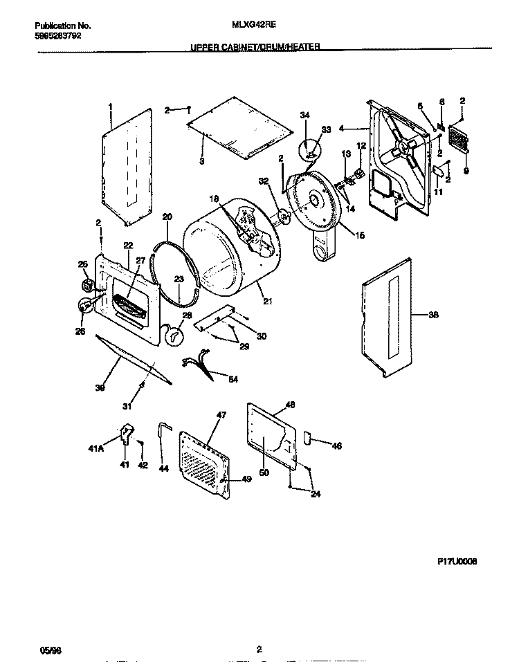 UPPER CABINET / DRUM / HEATER Diagram and Parts List for MLXG42REW0  Frigidaire Washer Dryer Combo