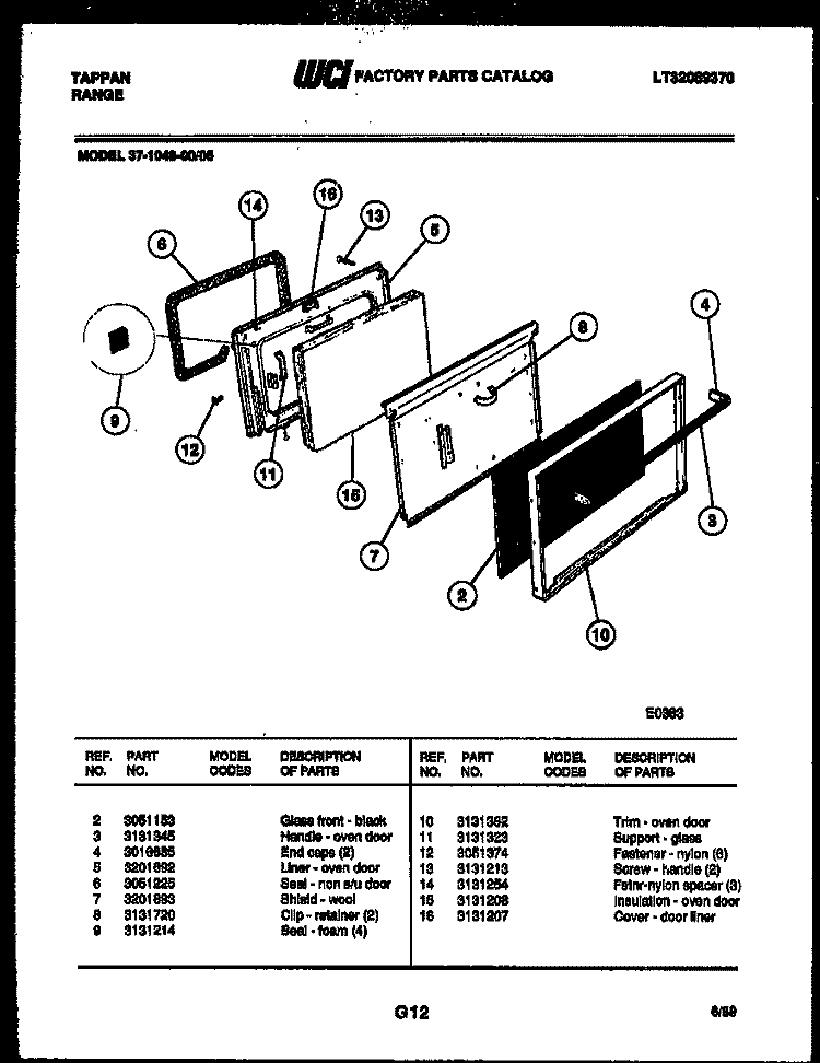 DOOR PARTS Diagram and Parts List for 37-1048-66-05  Tappan Range