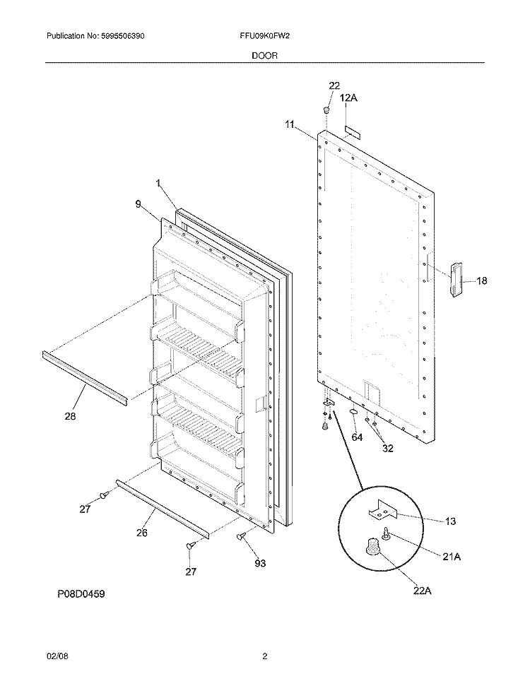 DOOR Diagram and Parts List for FFU09K0FW2  Frigidaire Freezer