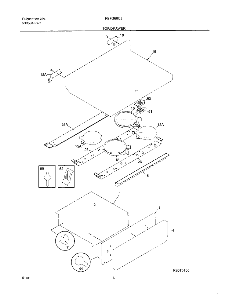 TOP / DRAWER Diagram and Parts List for FEFS68CJBA  Frigidaire Range
