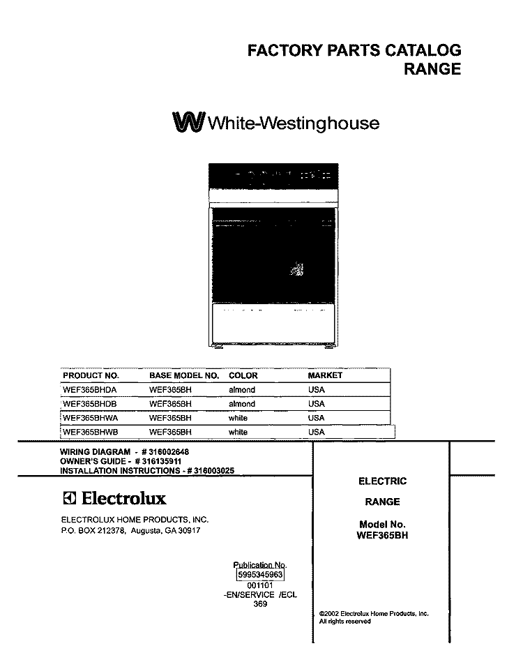 COVER Diagram and Parts List for WEF365BHDA  Westinghouse Range