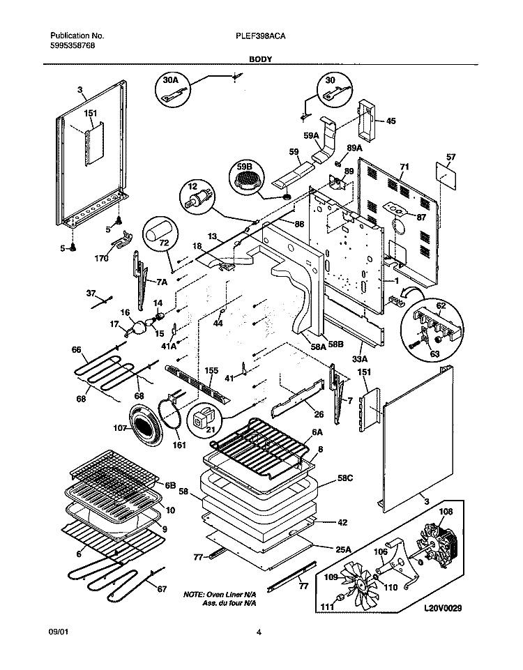 BODY Diagram and Parts List for PLEF398ACA  Frigidaire Range