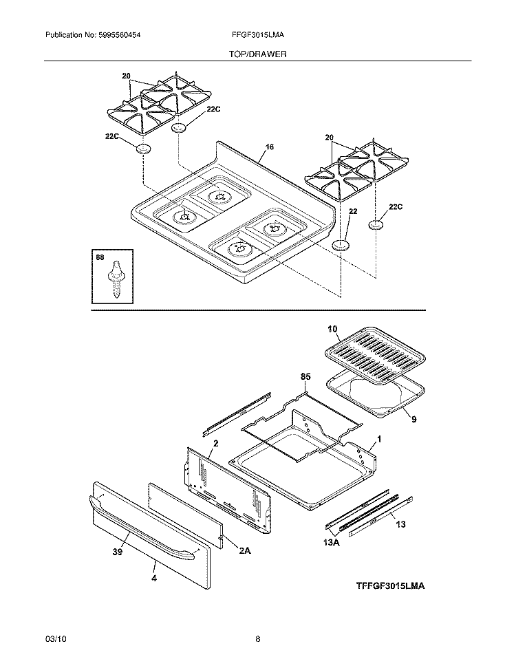 TOP/DRAWER Diagram and Parts List for FFGF3015LMA  Frigidaire Range