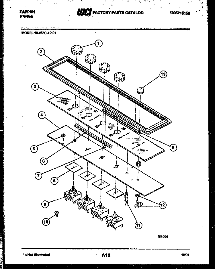 CONTROL PANEL Diagram and Parts List for 13-2589-00-01  Tappan Cooktop