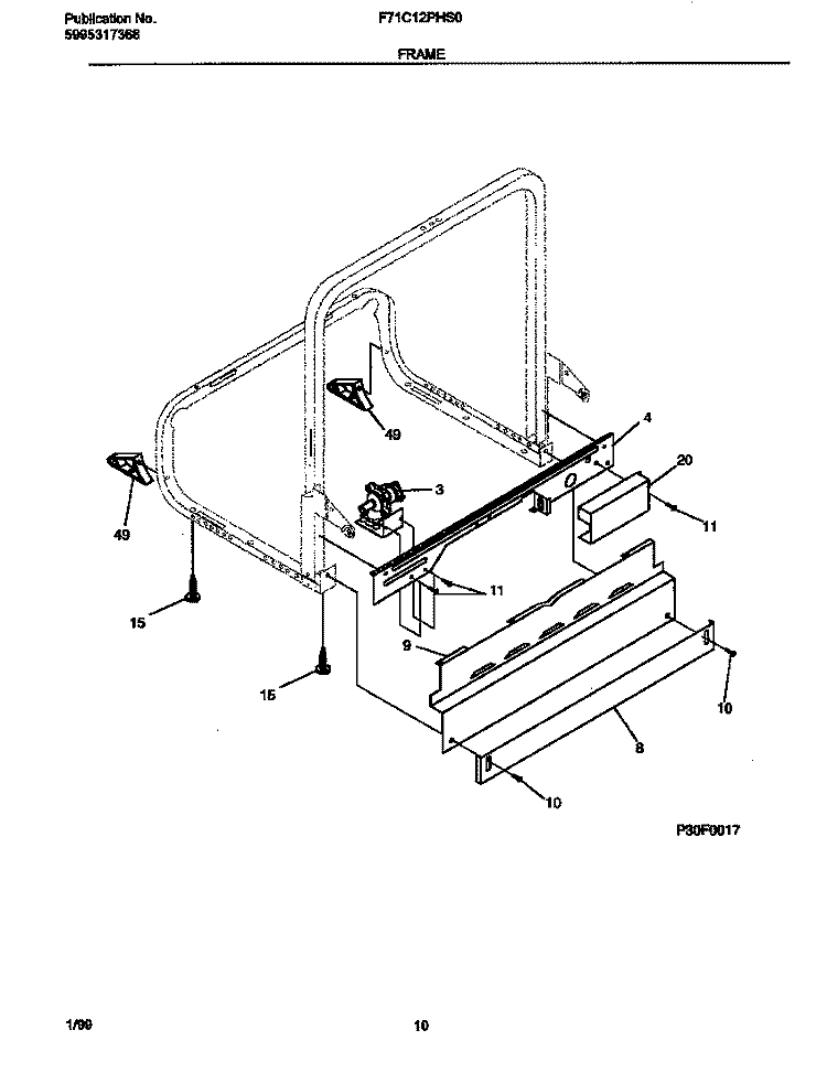 FRAME Diagram and Parts List for F71C12PHS0  Frigidaire Dishwasher