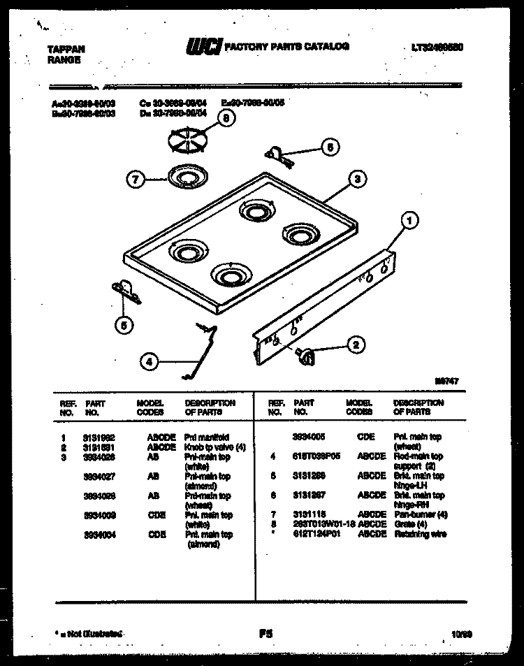 COOKTOP PARTS Diagram and Parts List for 30-3988-66-03  Tappan Range