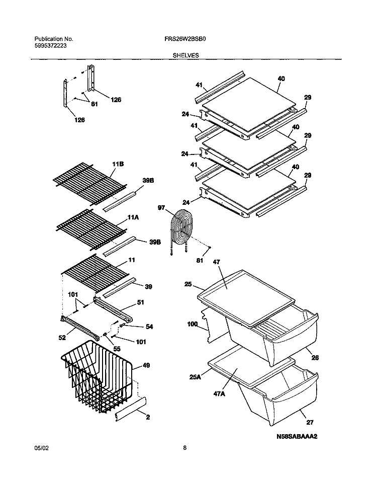 SHELVES Diagram and Parts List for FRS26W2BSB0  Frigidaire Refrigerator