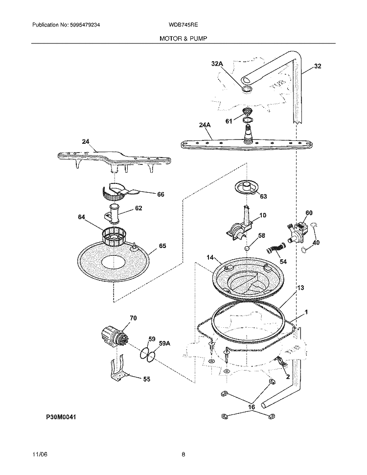 MOTOR & PUMP Diagram and Parts List for WDB745RES2  Westinghouse Dishwasher
