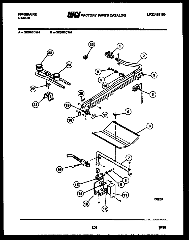 BURNER, MANIFOLD AND GAS CONTROL Diagram and Parts List for GC34BCL4  Frigidaire Range