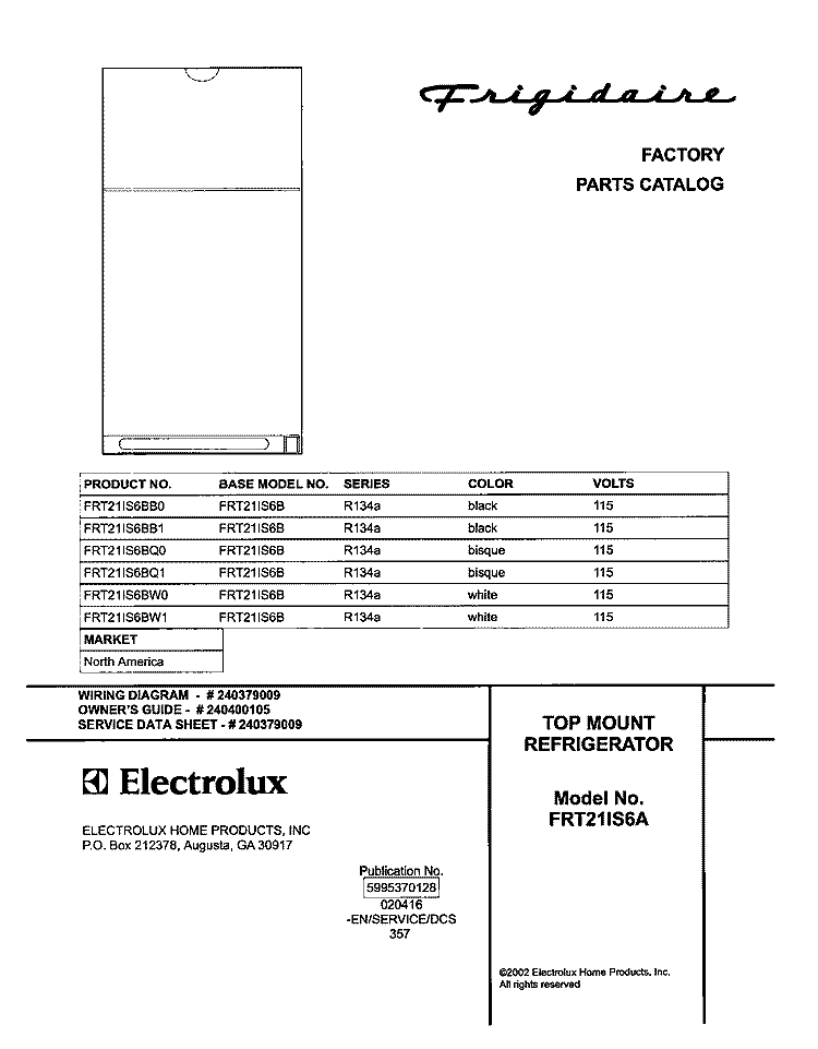 COVER Diagram and Parts List for FRT21IS6BB0  Frigidaire Refrigerator