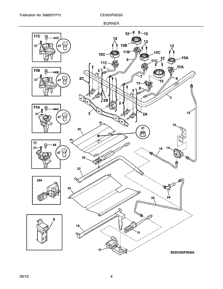 BURNER Diagram and Parts List for CEI30GF5GSG  Electrolux Range
