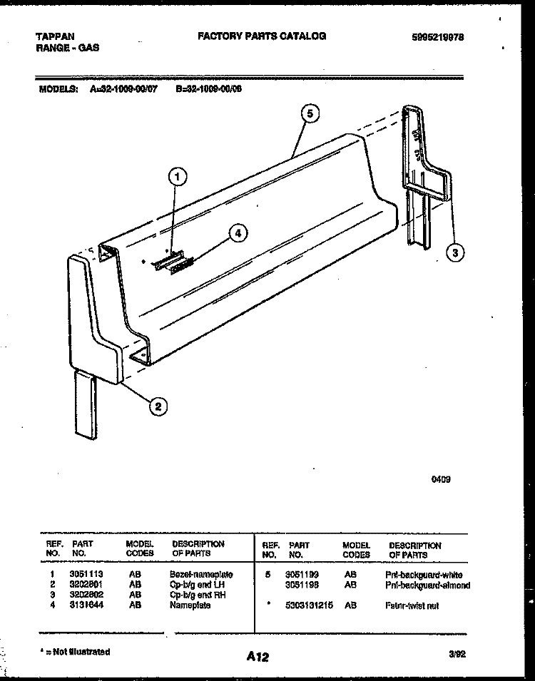 BACKGUARD Diagram and Parts List for 32-1009-23-08  Tappan Range