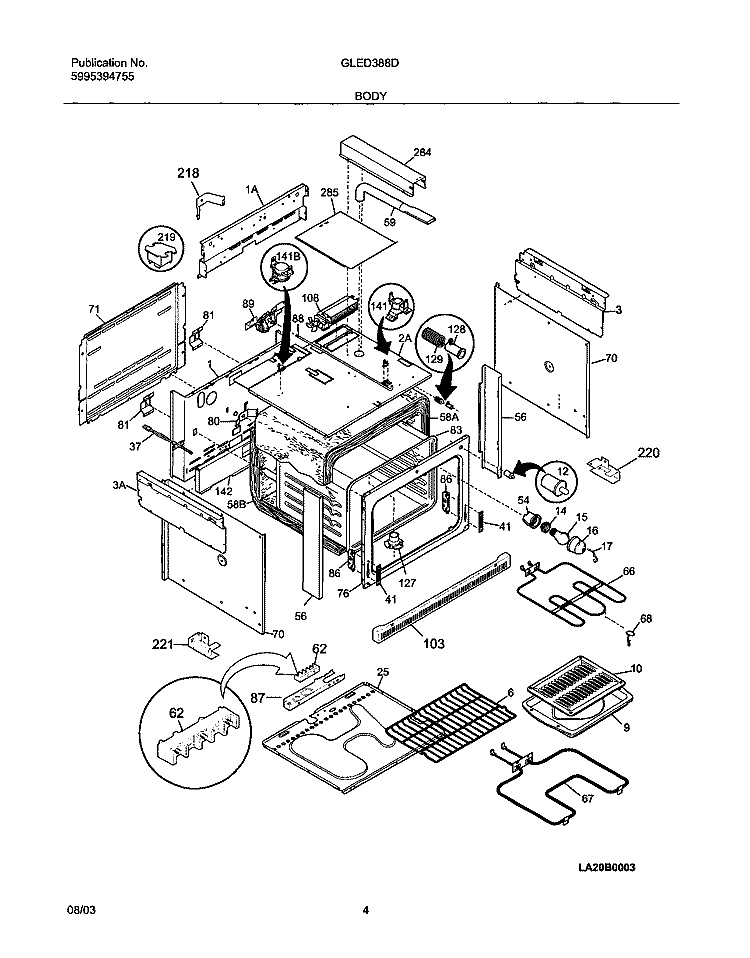 BODY Diagram and Parts List for GLED388DQA  Frigidaire Range