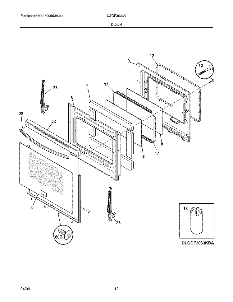 DOOR Diagram and Parts List for LGGF3033KBA  Frigidaire Range