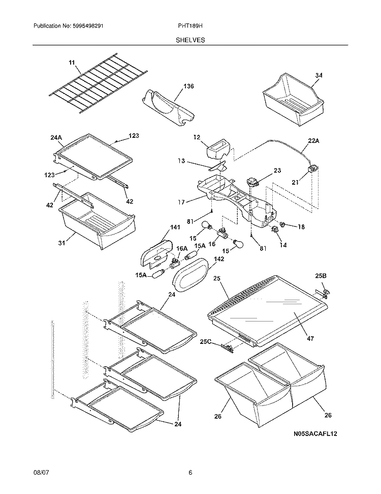 SHELVES Diagram and Parts List for PHT189HKM4  Frigidaire Refrigerator
