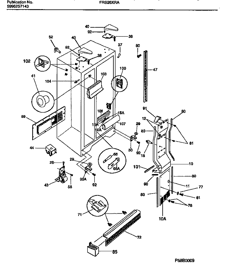 CABINET, LIGHT SHIELDS, MULLION Diagram and Parts List for FRS26XRAB1  Frigidaire Refrigerator