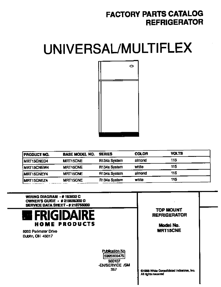 COVER Diagram and Parts List for MRT15CNEW4  Uni Refrigerator