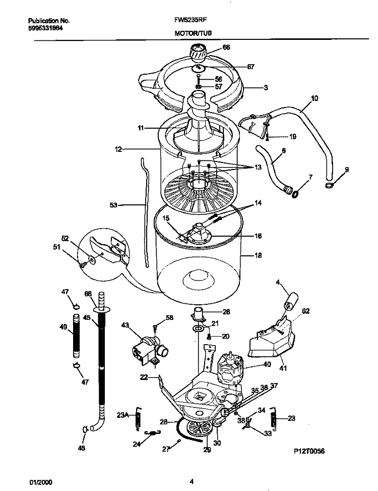 P12T0046 WSHR MTR, HOSE Diagram and Parts List for FWS235RFS5  Frigidaire Washer