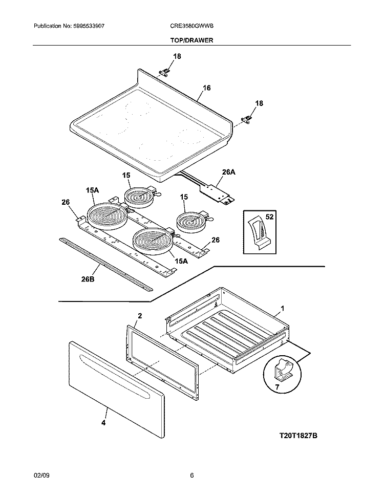 TOP/DRAWER Diagram and Parts List for CRE3580GWWB  Crosley Range