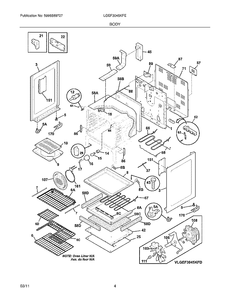 BODY Diagram and Parts List for LGEF3045KFE  Frigidaire Range