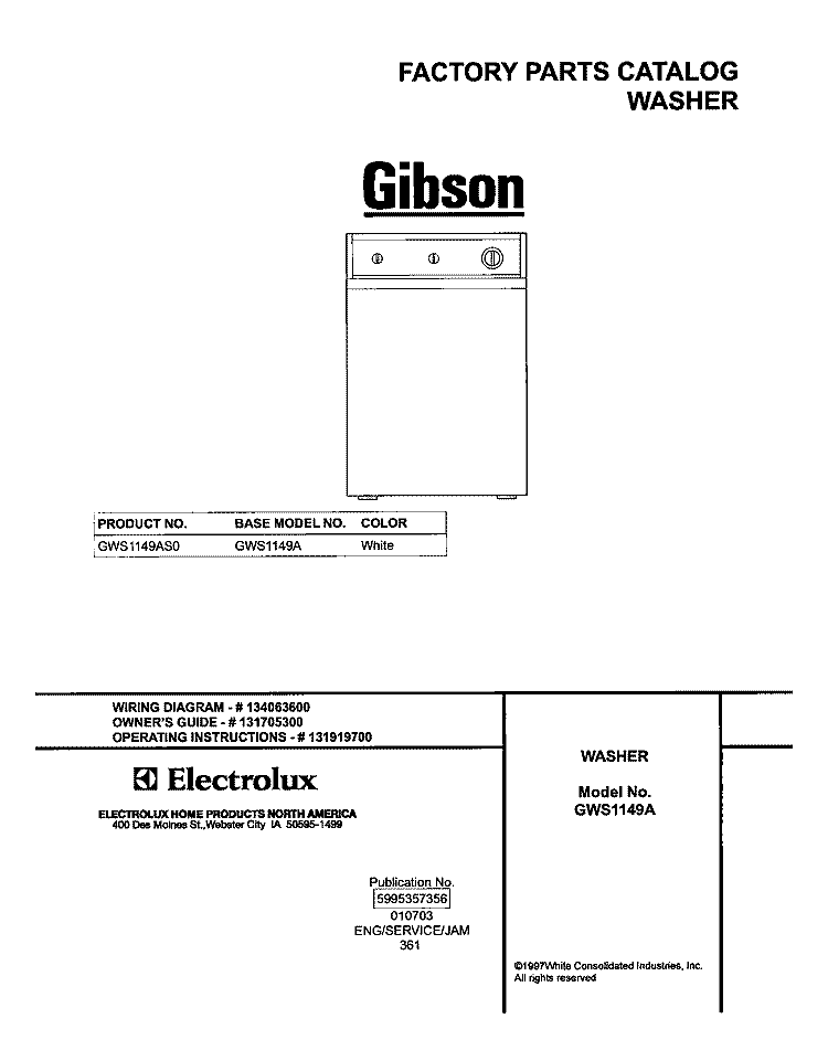 COVER Diagram and Parts List for GWS1149AS0  Gibson Washer